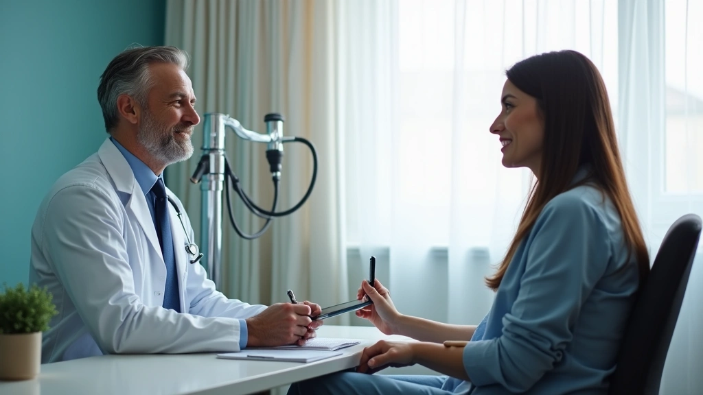Patient consultation room with physician and patient in discussion, comfortable clinical setting with medical technology, pro