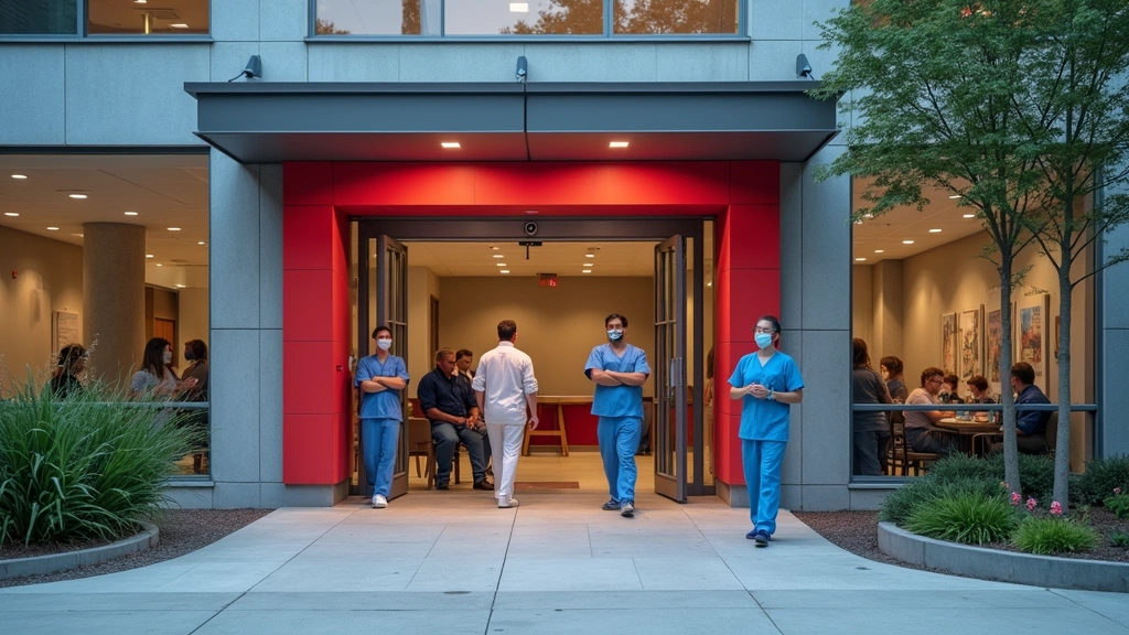 Hospital emergency department entrance with modern architecture, medical staff in scrubs, professional urgent care facility e