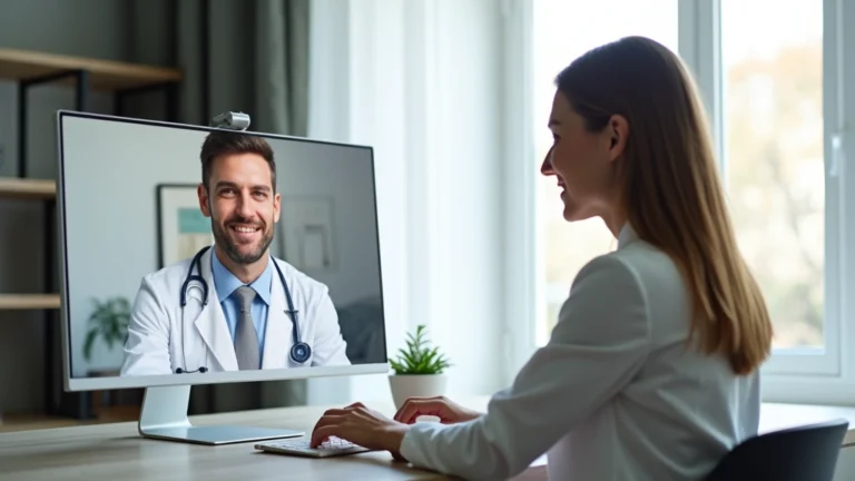 Professional woman in home office on video call with male doctor wearing white coat and stethoscope on computer screen, modern bright living room background