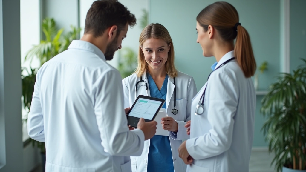 Diverse healthcare provider in clinic office reviewing medical records on tablet computer, professional medical setting with 