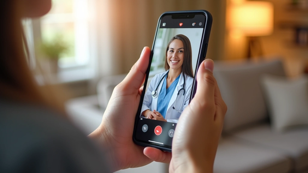 Patient hand holding smartphone showing telehealth video consultation interface with female doctor, warm home environment wit