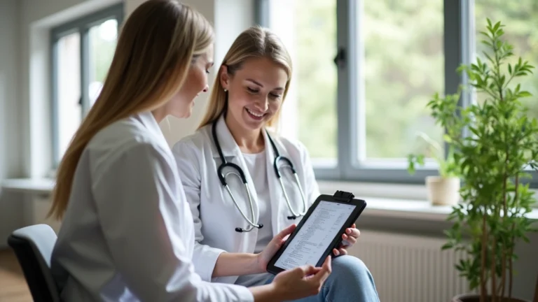 Professional woman in modern wellness clinic consulting with health coach reviewing personalized nutrition and fitness plan on tablet, bright natural lighting, clinical yet welcoming environment