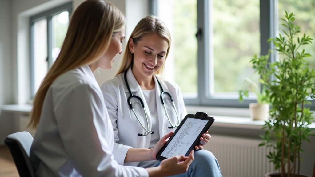 Professional woman in modern wellness clinic consulting with health coach reviewing personalized nutrition and fitness plan o