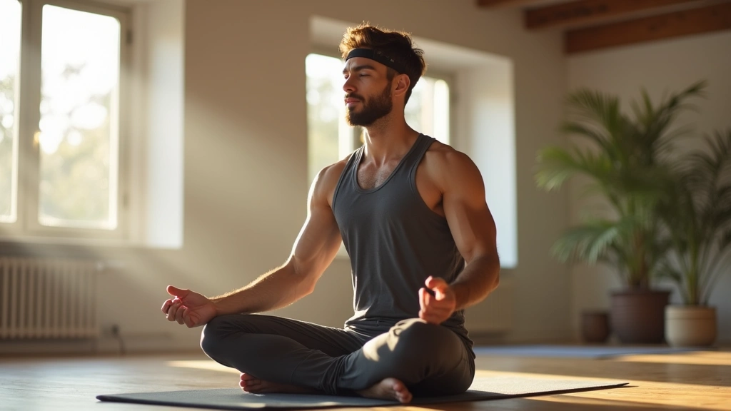 Man wearing advanced health tracking wearables during morning meditation session in minimalist home gym, soft natural light s