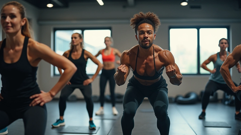 Diverse group participating in high-intensity interval training class in modern fitness facility, energetic movement, profess