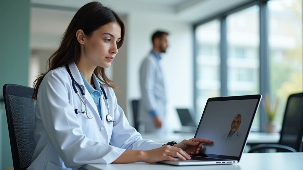 Healthcare provider conducting video call on laptop in modern clinic, professional medical office background, focused on prov