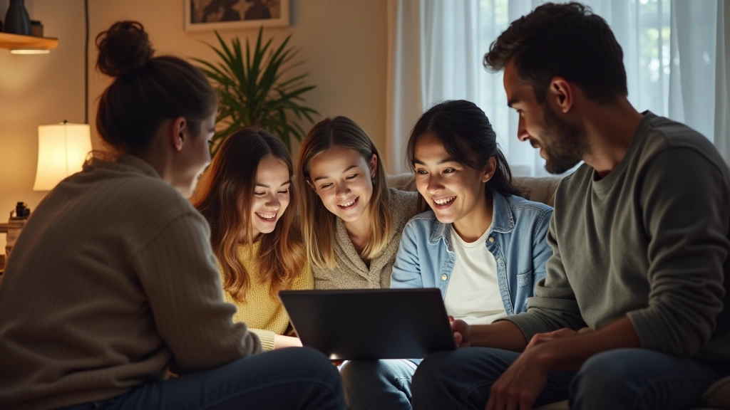 Family members gathered around tablet during telehealth visit with doctor, living room setting, warm lighting, diverse group