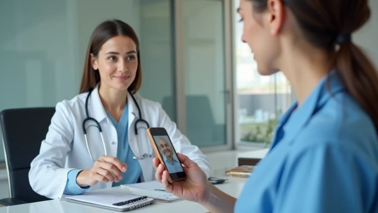 Patient using smartphone for video consultation with healthcare provider, professional medical office background, natural lighting, focused expression