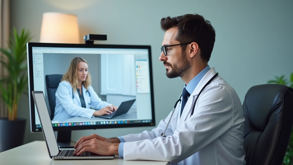 Doctor at desk reviewing patient information on computer during telehealth appointment, modern clinic setting, professional a