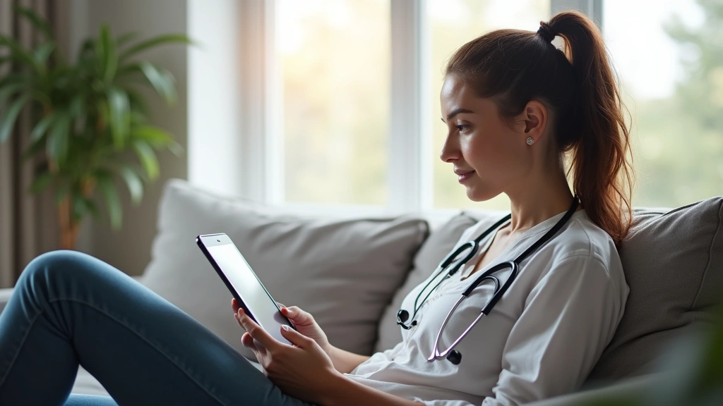 Person sitting comfortably at home with tablet device during virtual medical visit, bright window background, relaxed posture