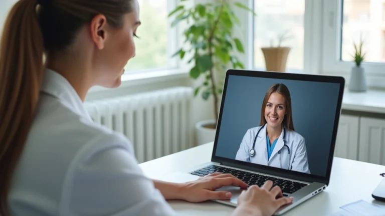 Female patient in home office having video consultation with doctor on laptop screen, professional medical setting, natural lighting