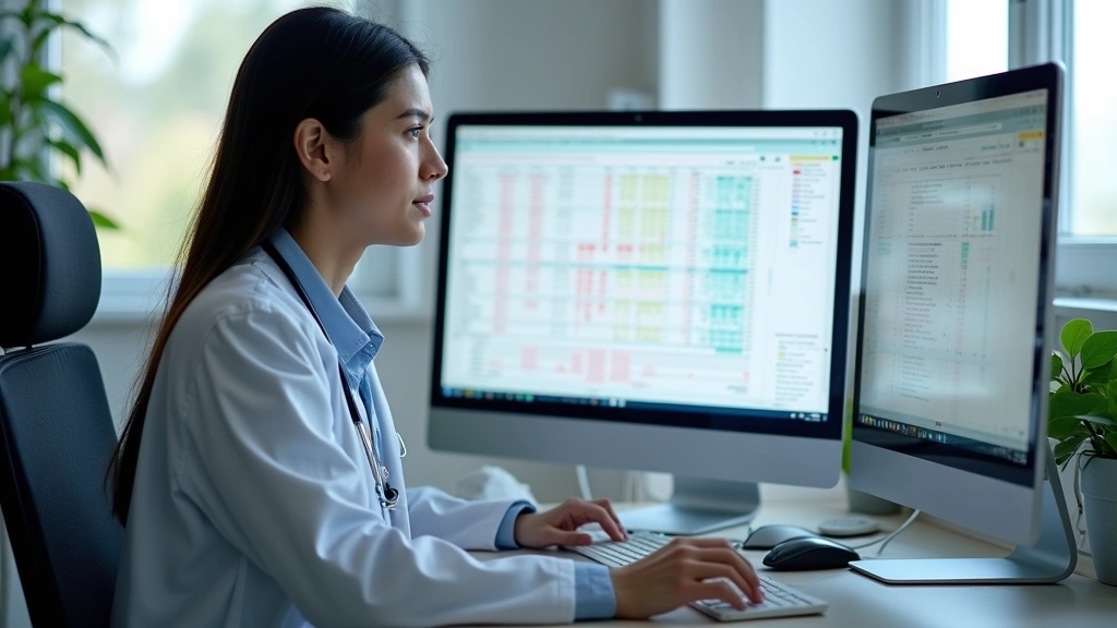 Doctor at desk reviewing digital lab results on computer monitor, telehealth consultation setup, professional clinic environm