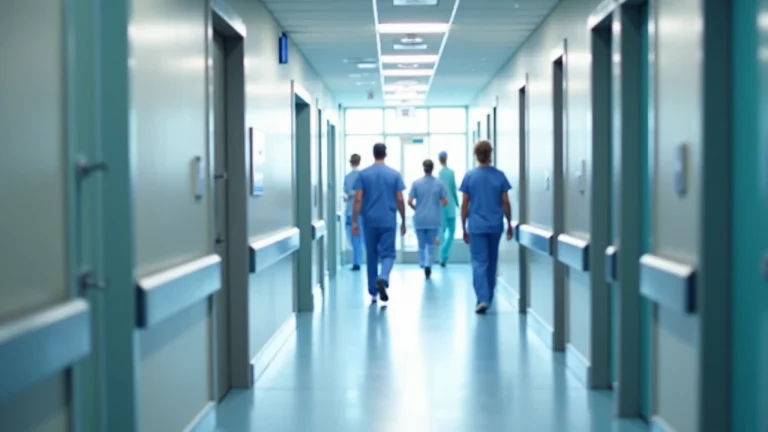 Modern hospital corridor with medical professionals in scrubs walking, bright clinical lighting, contemporary healthcare facility interior, no visible signage or text