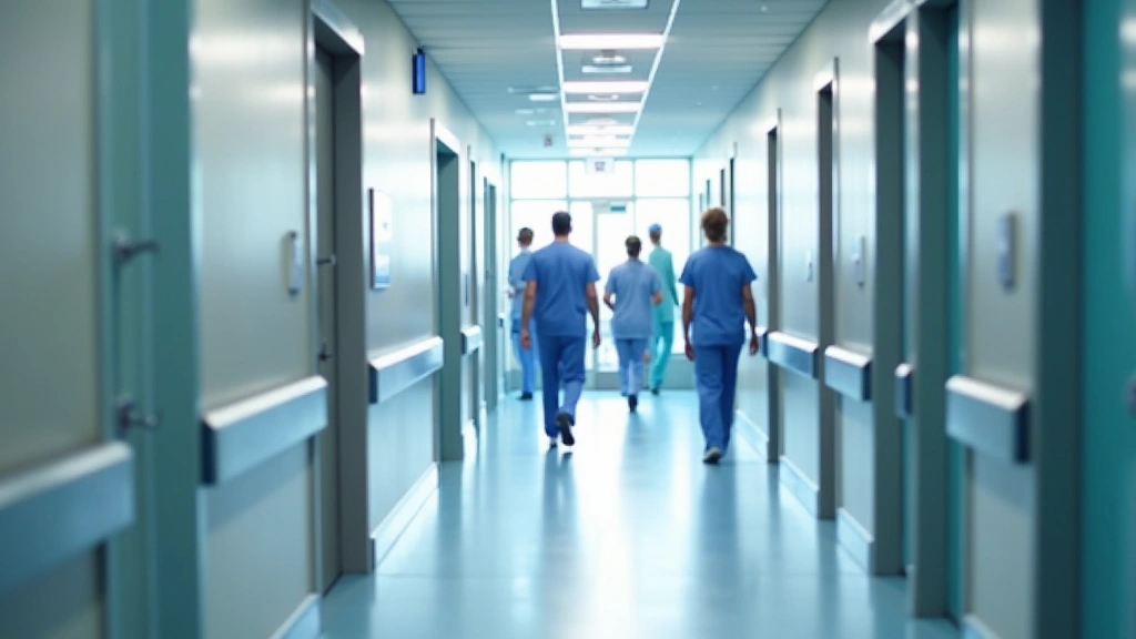 Modern hospital corridor with medical professionals in scrubs walking, bright clinical lighting, contemporary healthcare facility interior, no visible signage or text