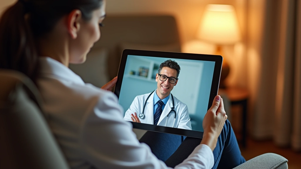 Patient in comfortable chair receiving virtual telehealth consultation on tablet with healthcare provider on screen, home set