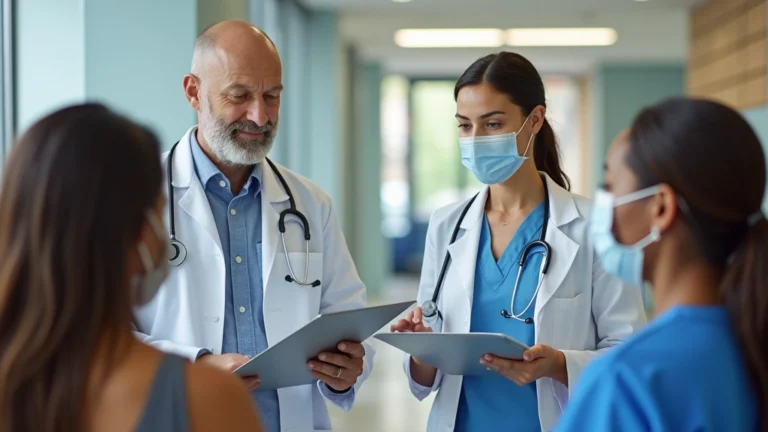 Professional healthcare workers in a modern community health clinic setting with diverse patients receiving medical consultations and care in a welcoming environment