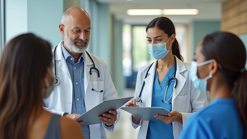 Professional healthcare workers in a modern community health clinic setting with diverse patients receiving medical consultations and care in a welcoming environment