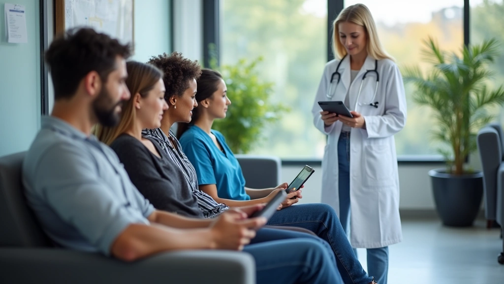 Diverse patients accessing telehealth services on tablets and computers in a modern clinic waiting area with healthcare profe