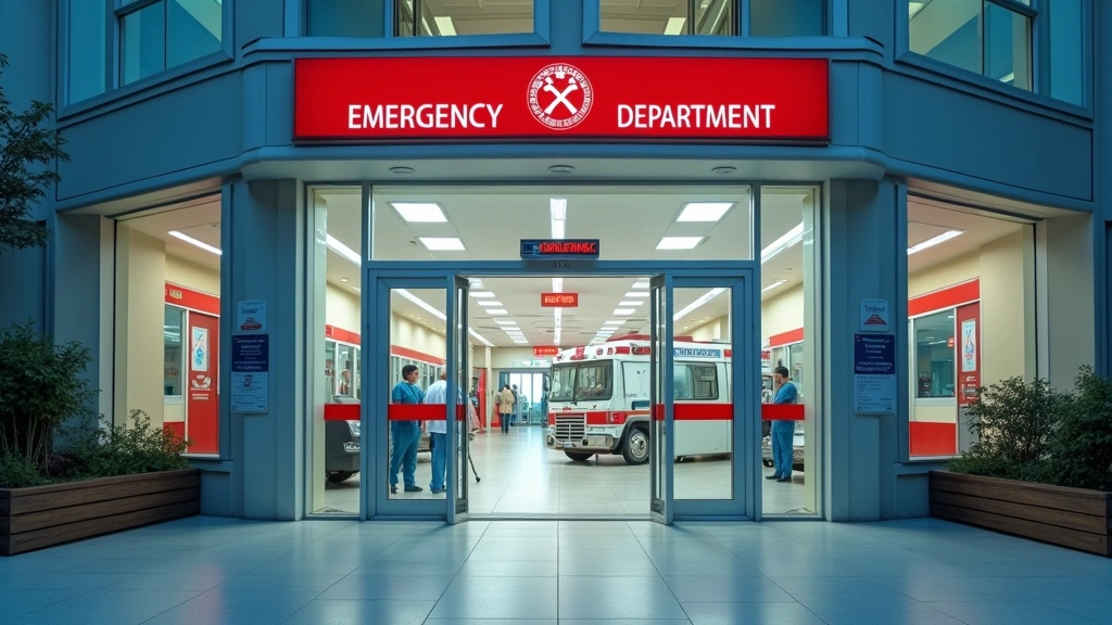 Emergency department entrance of a modern hospital with medical staff and ambulance, showing 24-hour emergency care facility