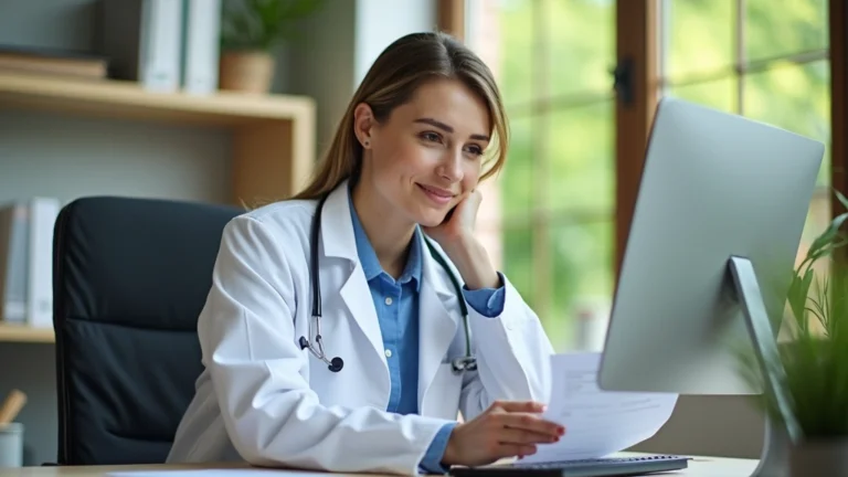 Professional healthcare administrator at computer reviewing insurance plan documents in modern office setting, Vermont natural background, photorealistic