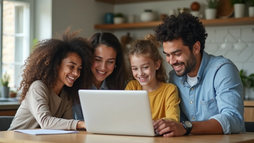 Diverse family of four reviewing health insurance plan options on laptop at home kitchen table, smiling and discussing covera