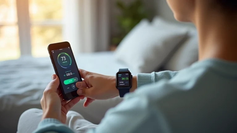 Patient using digital blood pressure monitor and smartwatch at home, modern bedroom setting, natural morning light, health tracking displayed on smartphone