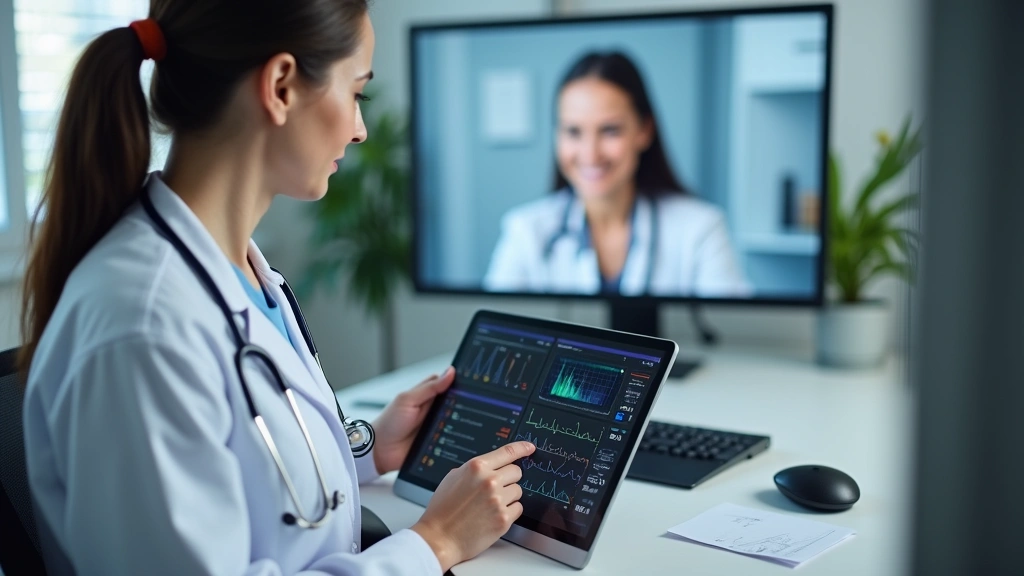 Healthcare provider reviewing vital signs data on tablet during remote consultation, professional medical office background,