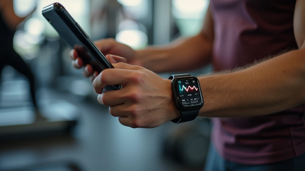 Person checking heart rate on wearable smartwatch in gym, fitness tracker display visible, health metrics dashboard on smartp