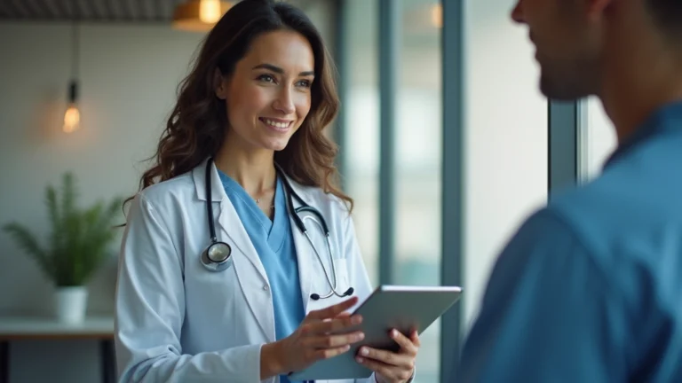 Healthcare professional conducting video consultation on tablet with patient, modern medical office background, professional attire, warm lighting