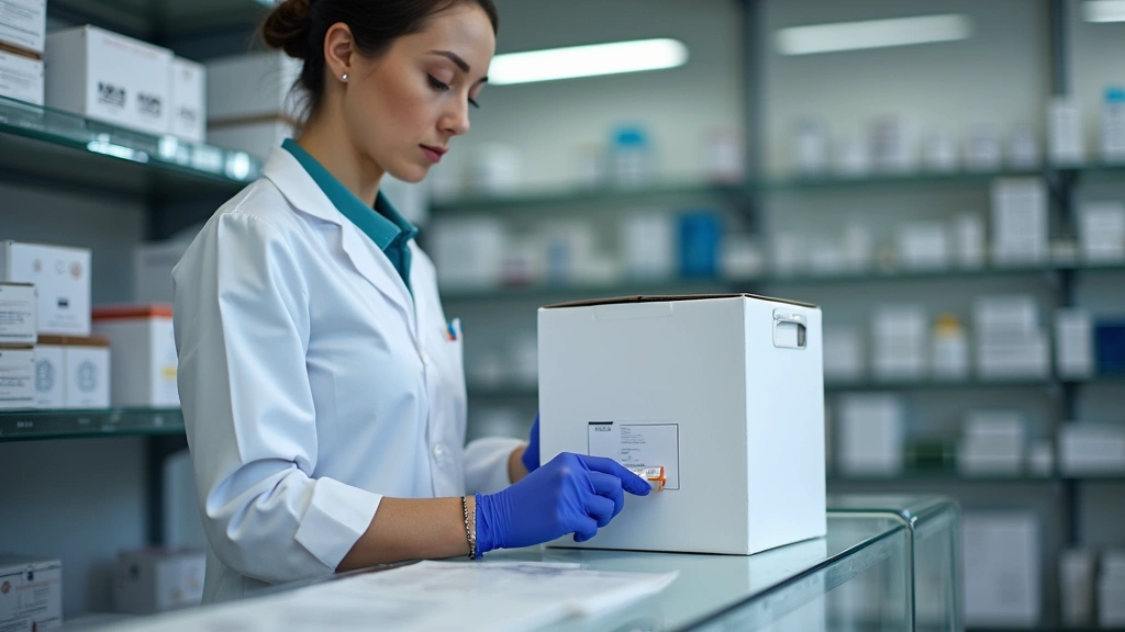 Pharmacy technician preparing prescription medication for shipment in modern pharmacy setting with organized shelving and pro