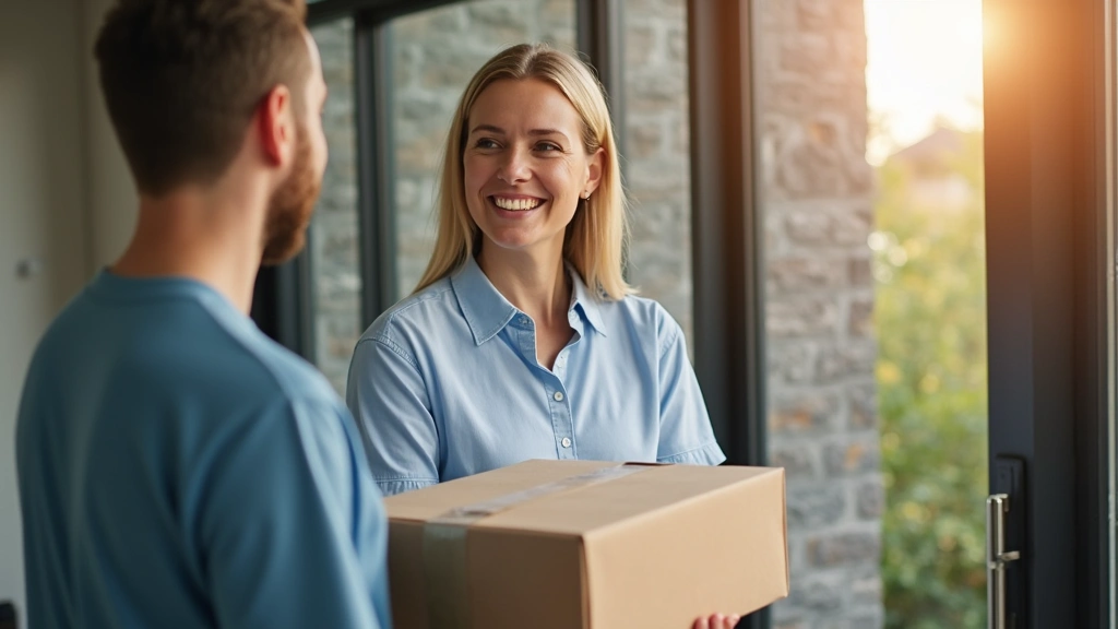 Patient receiving medication delivery at home, smiling, modern residential setting, delivery person handing package, daytime 