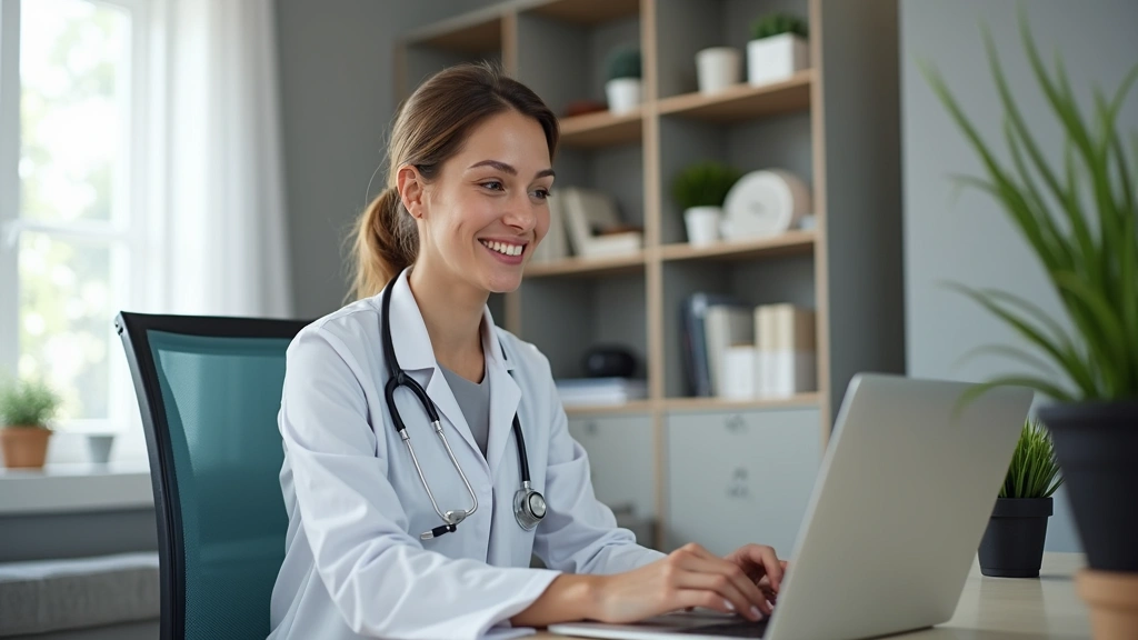 Professional woman having video consultation with doctor on laptop in home office, smiling, healthcare setting, no text visible, photorealistic