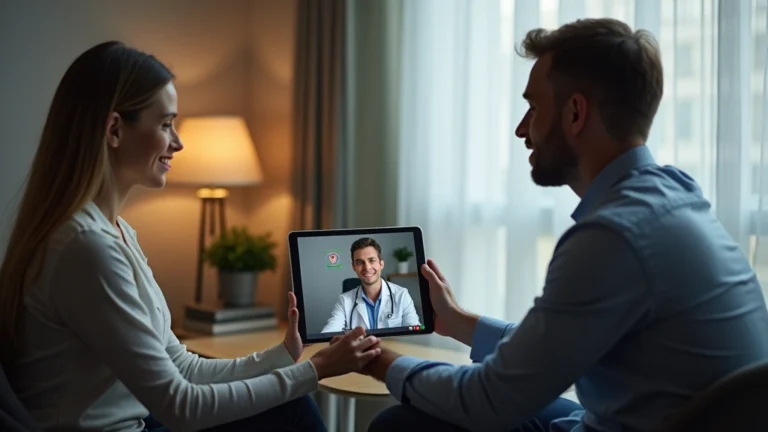 Professional therapist conducting video consultation on tablet with patient in calm office setting, modern healthcare technology interface visible, warm lighting and minimalist decor