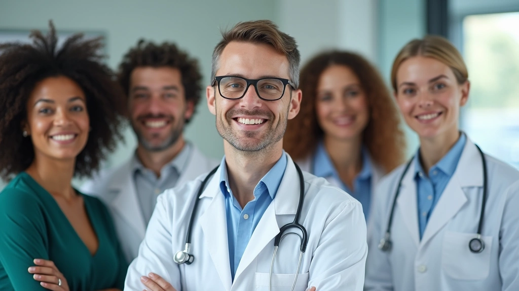 Diverse group of licensed mental health professionals in medical office environment, various ethnicities and age ranges, prof