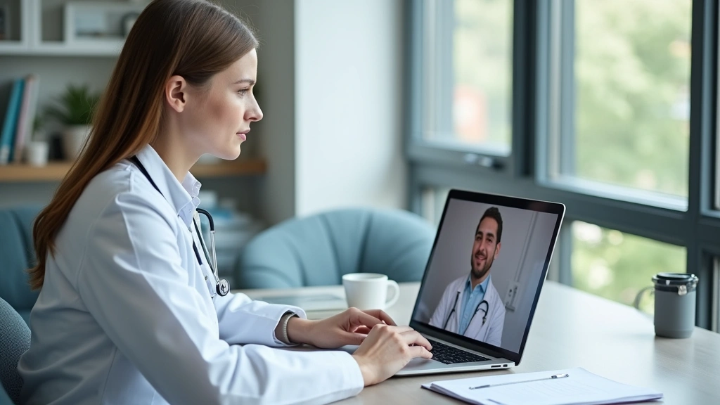 Professional female doctor in white coat conducting video consultation on laptop with patient visible on screen in modern medical office