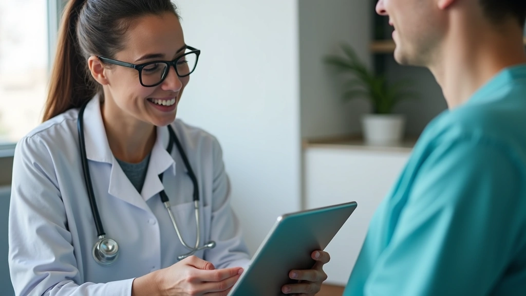 Healthcare professional reviewing patient health records on tablet during remote telehealth wellness coaching session in clin