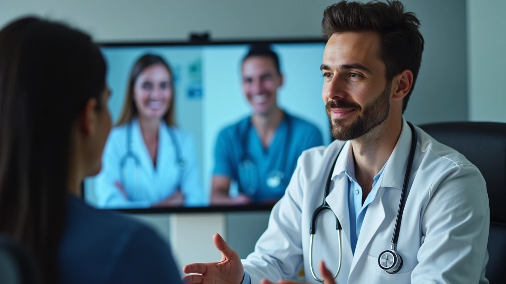 Licensed clinician providing telemedicine diagnosis through video call with patient, modern healthcare technology visible in 