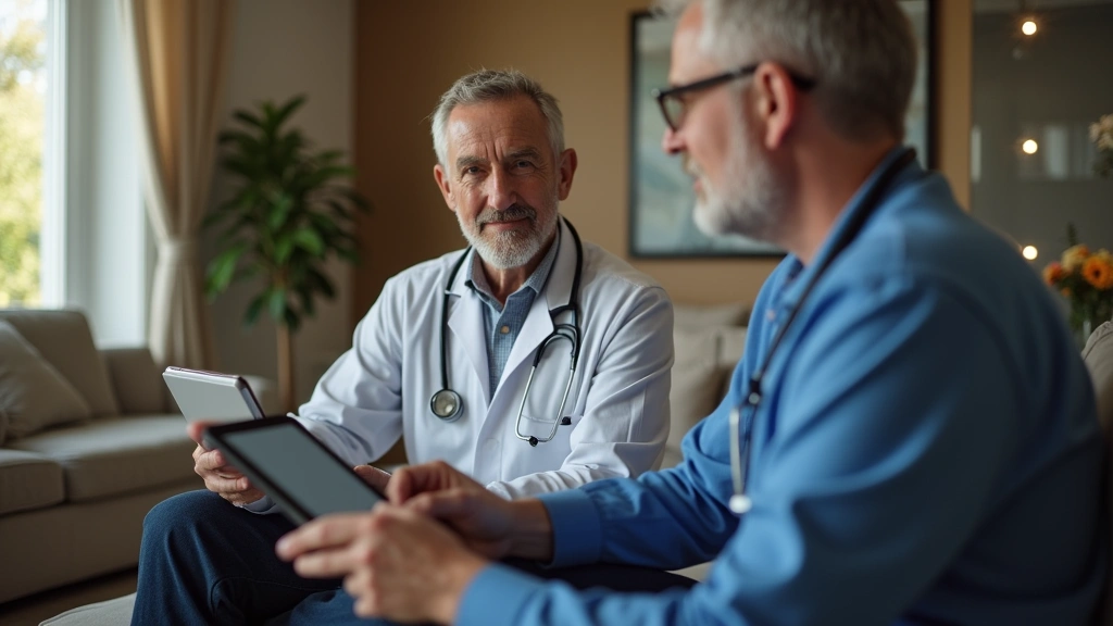 Senior patient using tablet for virtual doctor consultation with healthcare provider, calm home setting, warm lighting, profe