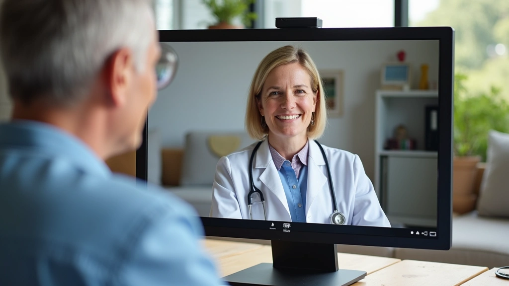 Medicare beneficiary on video call with female physician, modern telehealth interface on computer screen, living room backgro