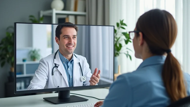 Healthcare provider conducting secure video consultation with patient on computer screen, professional medical office background, neutral lighting, no text visible