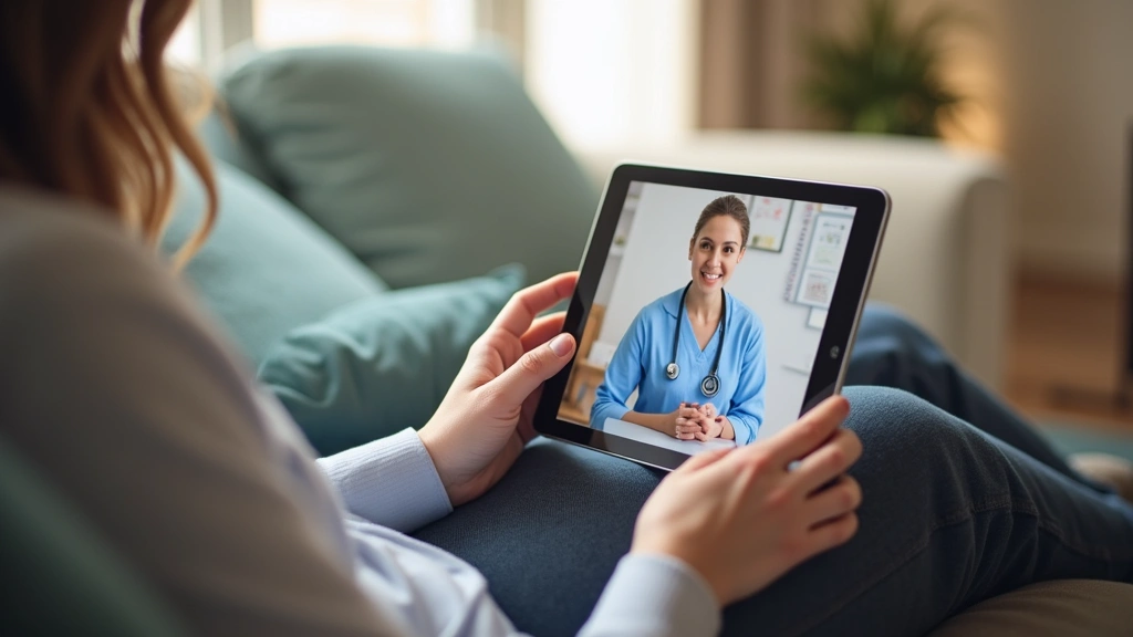 Patient using tablet device for virtual medical appointment with healthcare provider visible on screen, comfortable home sett
