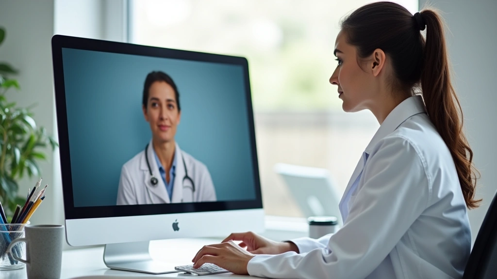 Professional female psychiatrist in white coat conducting video consultation on computer with patient visible on screen in clinical office setting