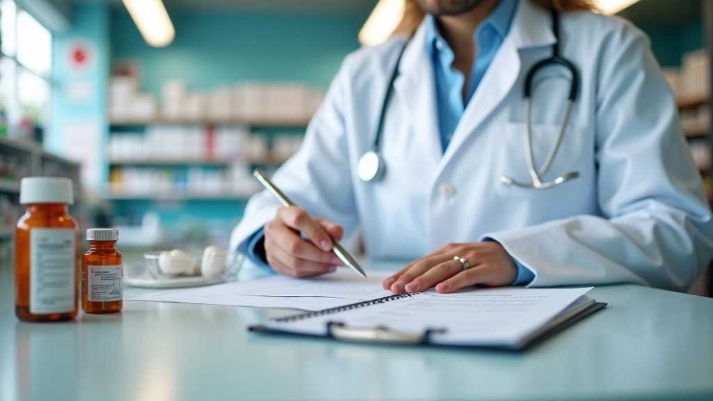 Close-up of pharmacist reviewing prescription documents at pharmacy counter with medication bottles in background, profession