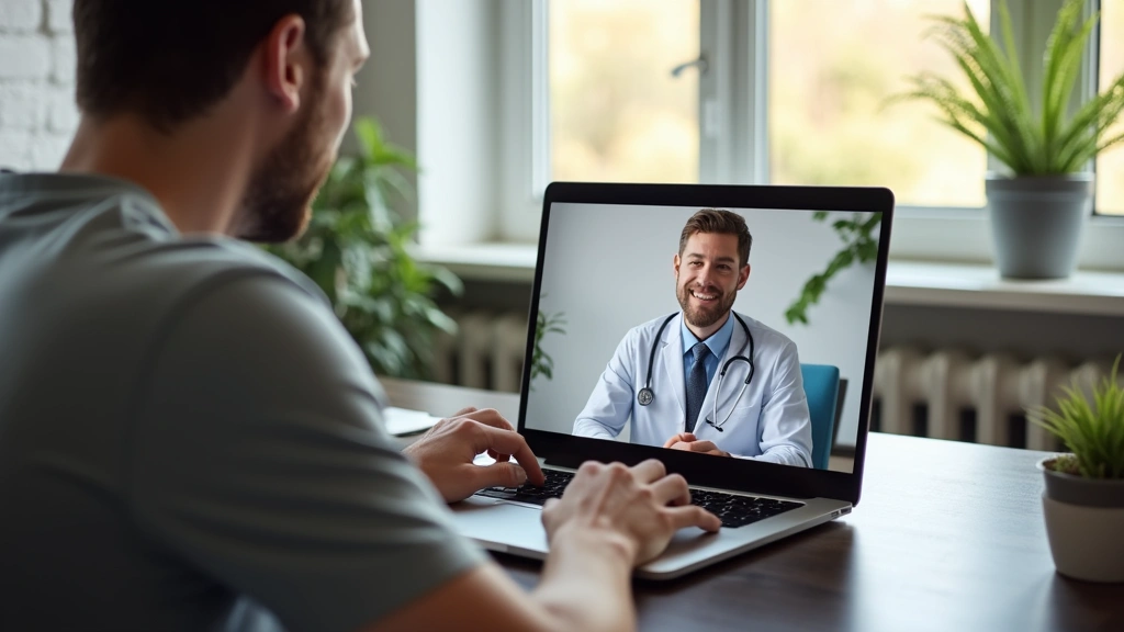 Male patient sitting at home desk during telehealth video call with doctor on laptop screen, comfortable home office setting 