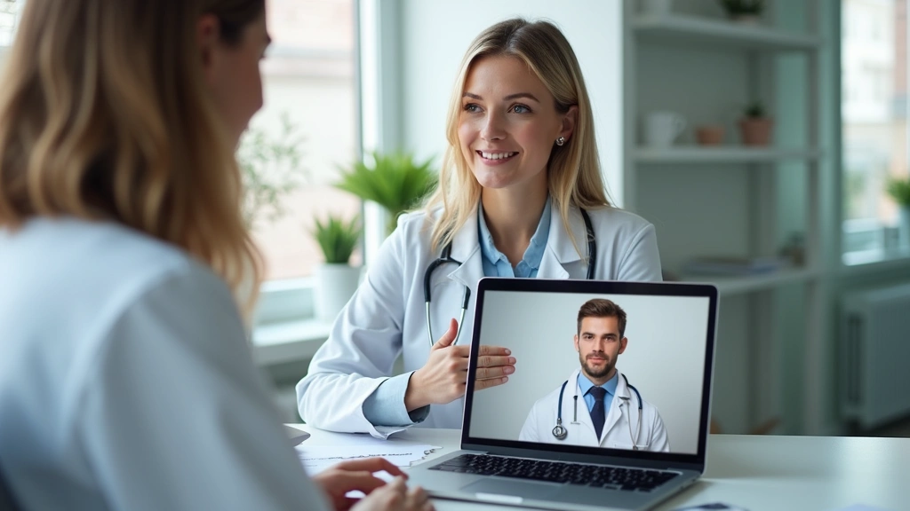 Professional woman in medical office having video call consultation on laptop with healthcare provider, calm clinical setting, natural lighting, modern telehealth setup