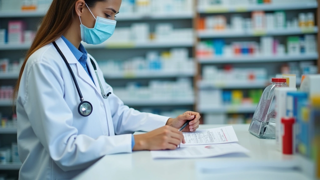 Close-up of pharmacist reviewing prescription at pharmacy counter, organized medication shelves in background, professional h