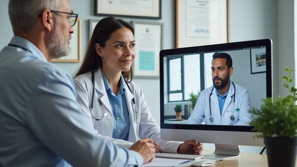 Licensed psychiatrist in office reviewing patient medical records on computer during virtual consultation session, profession
