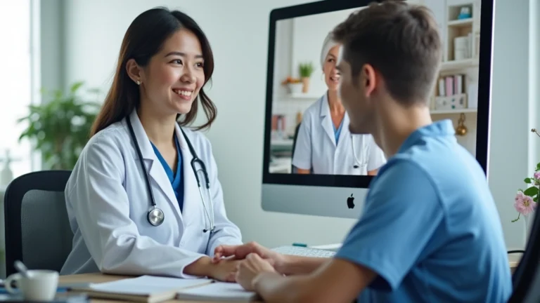 Healthcare provider in professional medical office conducting video consultation on computer with patient visible on screen, natural lighting, modern clinic setting, no text visible