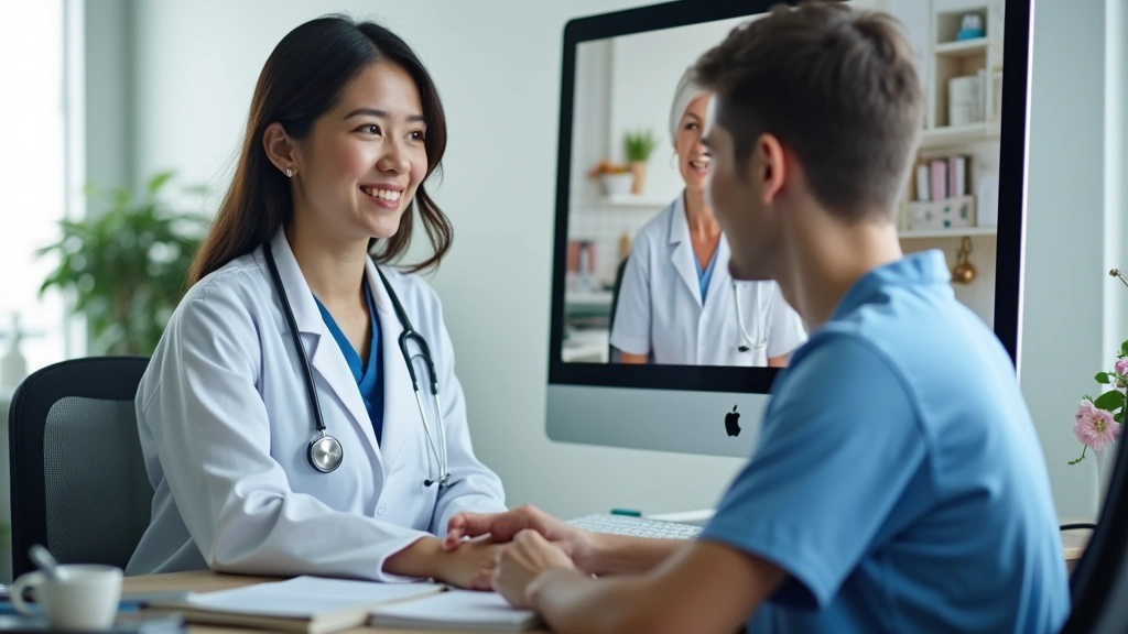 Healthcare provider in professional medical office conducting video consultation on computer with patient visible on screen,