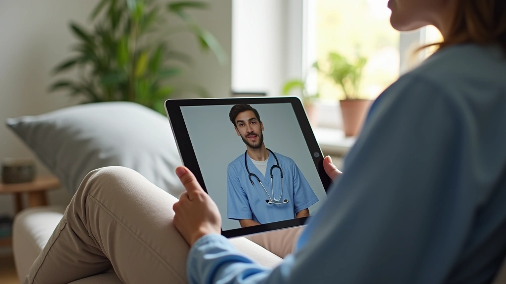 Patient at home using tablet for telehealth appointment with doctor on video call, comfortable home environment, natural wind